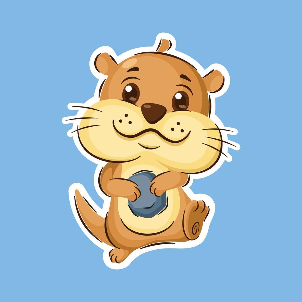 Cute Otter Cartoon Character Holding A Stone In Sticker Style Premium Vector Graphic Asset