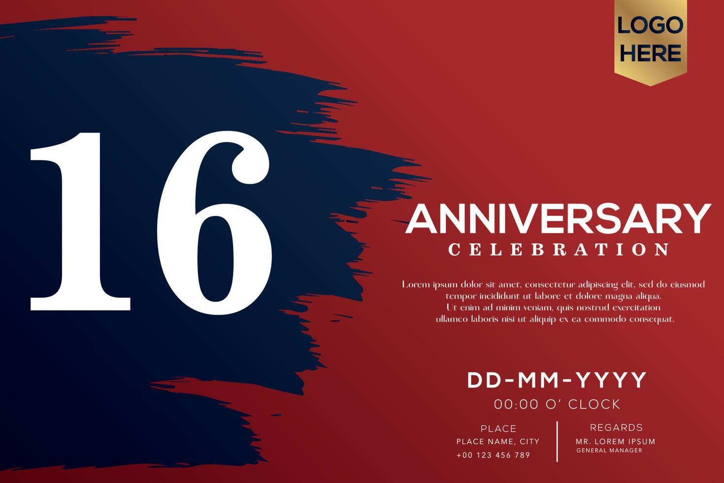 16 years anniversary celebration vector with blue brush isolated on red background with text template design