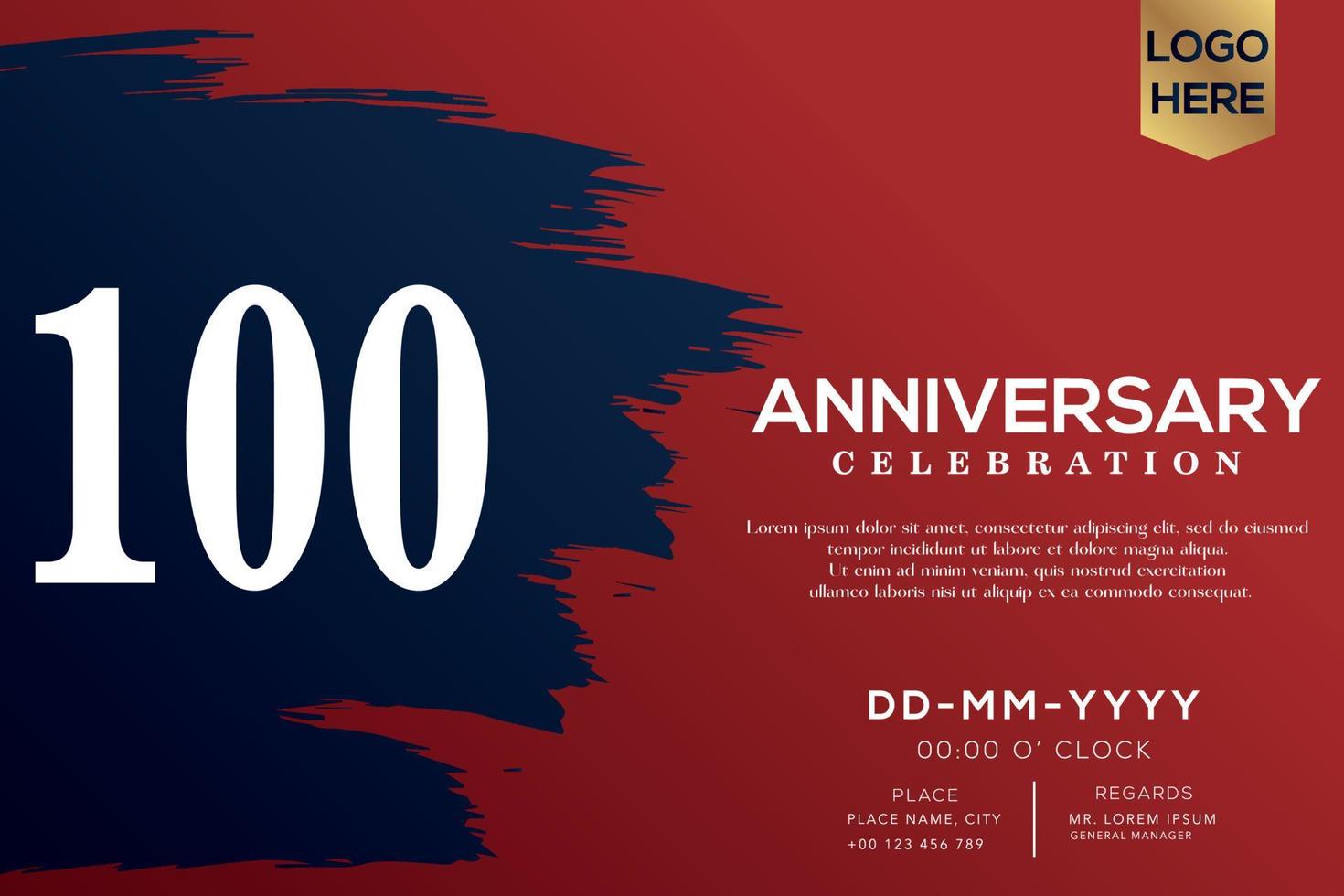 100 years anniversary celebration vector with blue brush isolated on red background with text template design