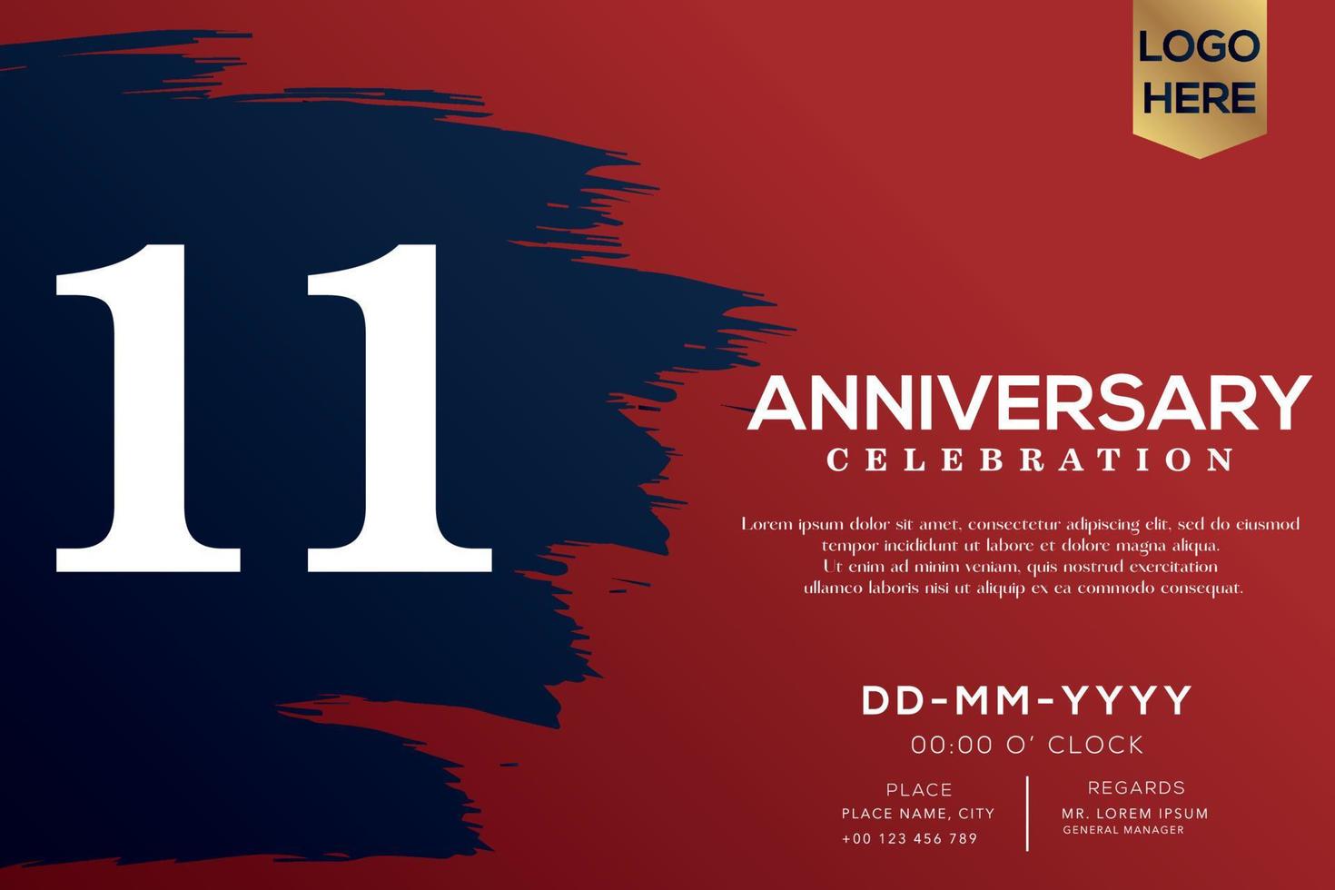 11 years anniversary celebration vector with blue brush isolated on red background with text template design