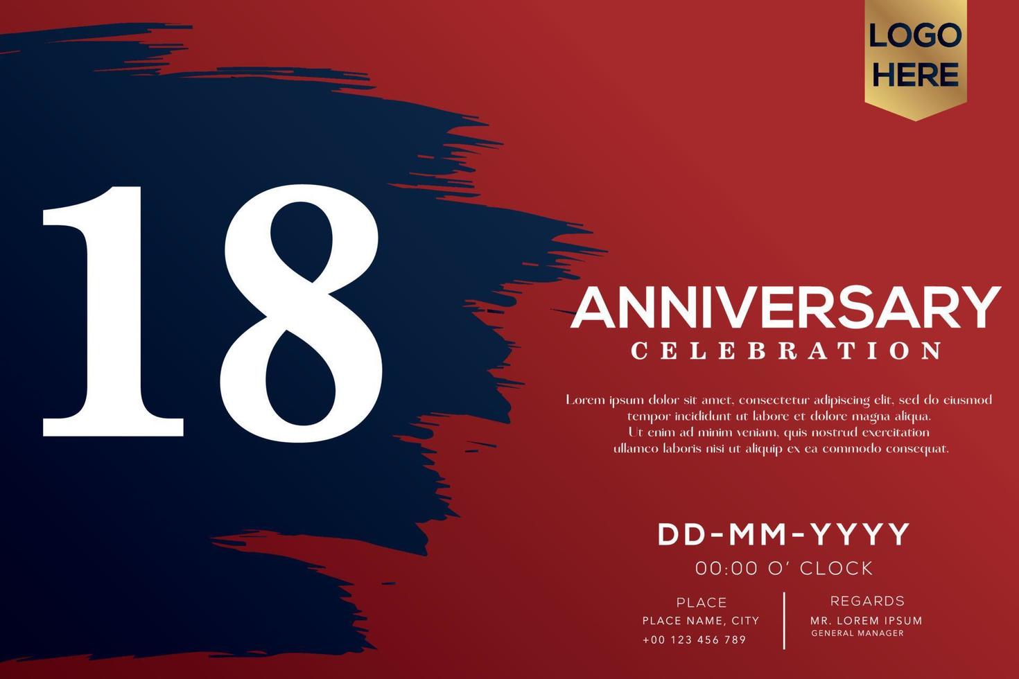 18 years anniversary celebration vector with blue brush isolated on red background with text template design
