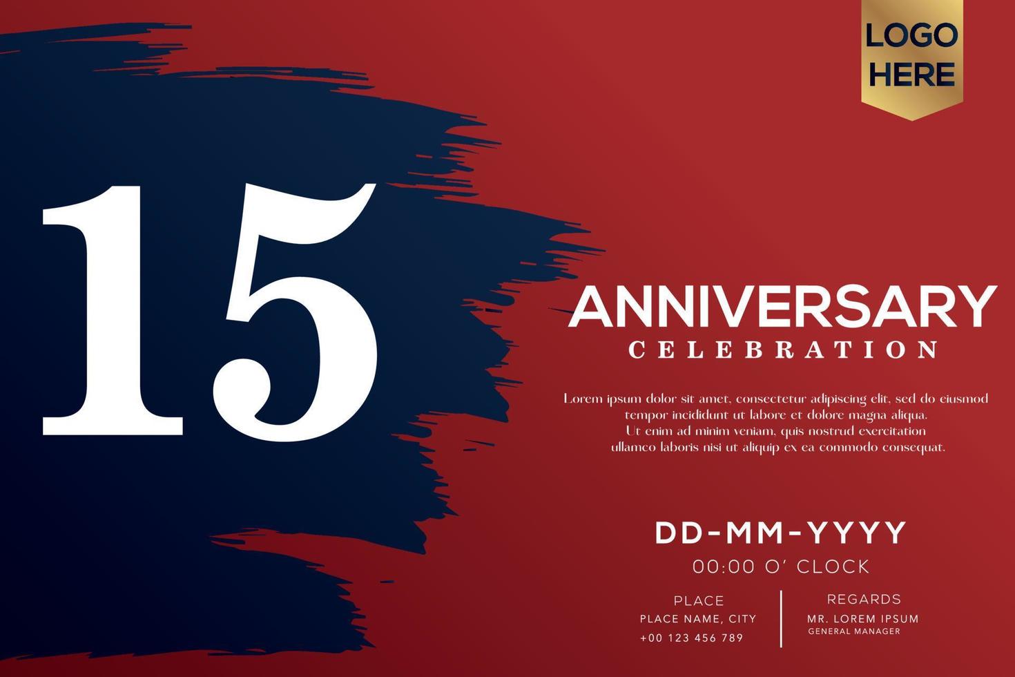 15 years anniversary celebration vector with blue brush isolated on red background with text template design