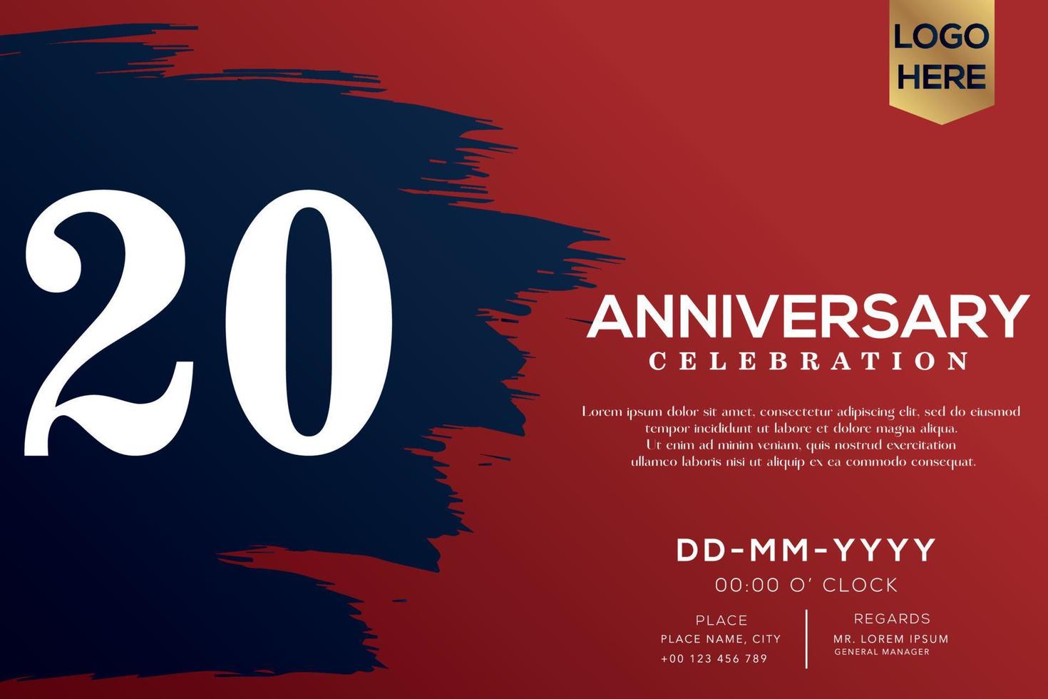 20 years anniversary celebration vector with blue brush isolated on red background with text template design