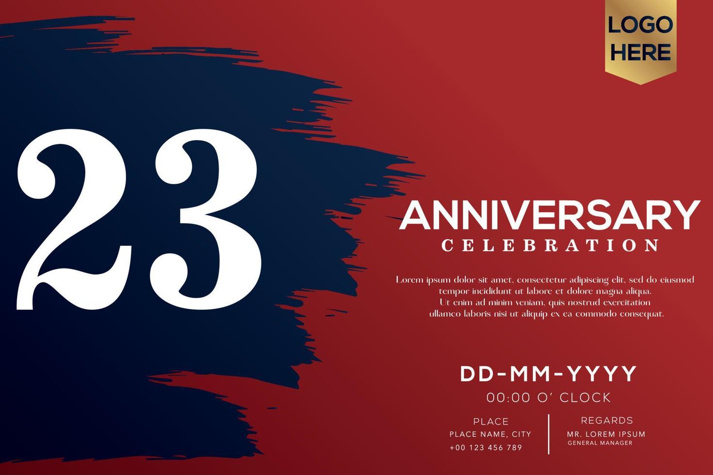 23 years anniversary celebration vector with blue brush isolated on red background with text template design