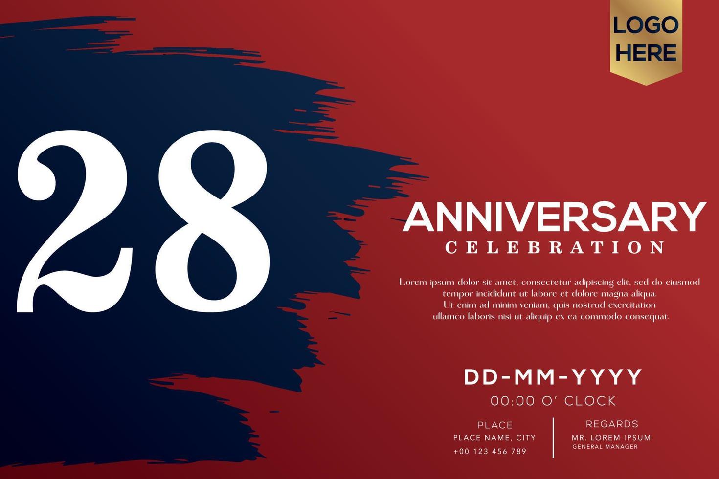 28 years anniversary celebration vector with blue brush isolated on red background with text template design