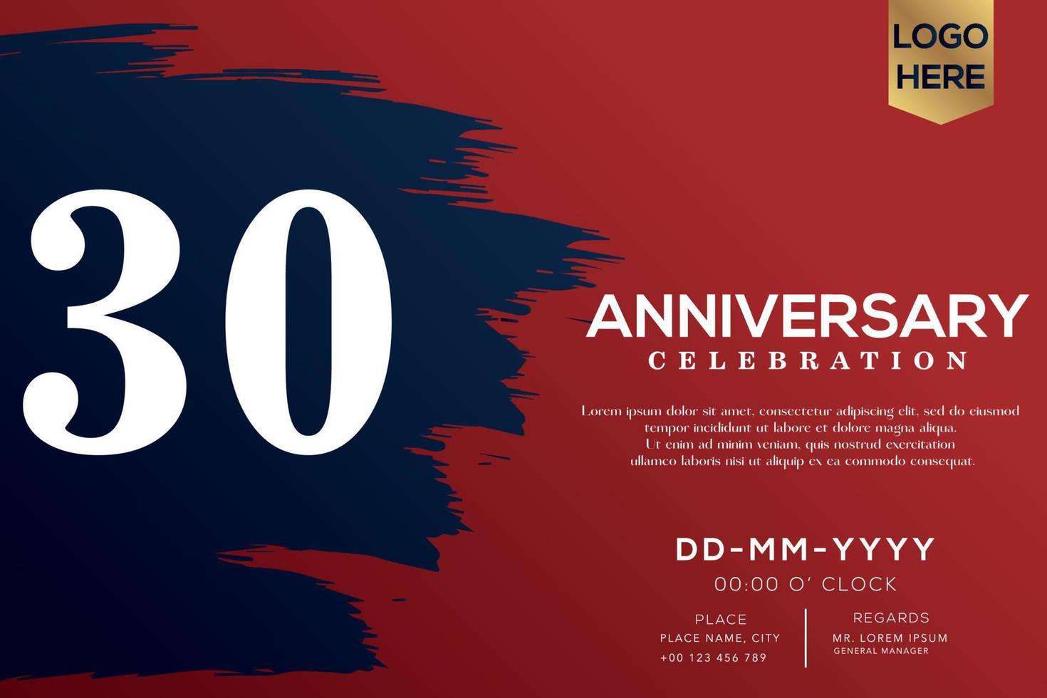 30 años aniversario celebracion vector con azul cepillo aislado en rojo antecedentes con texto modelo diseño