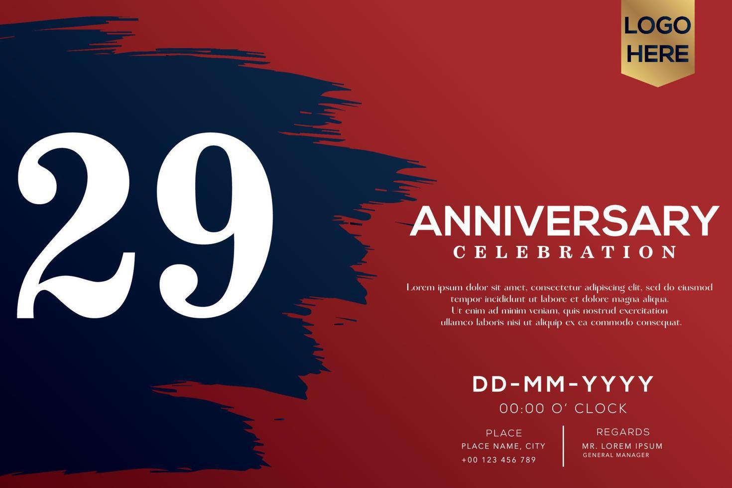 29 years anniversary celebration vector with blue brush isolated on red background with text template design