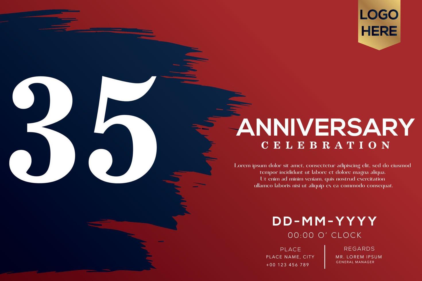 35 years anniversary celebration vector with blue brush isolated on red background with text template design