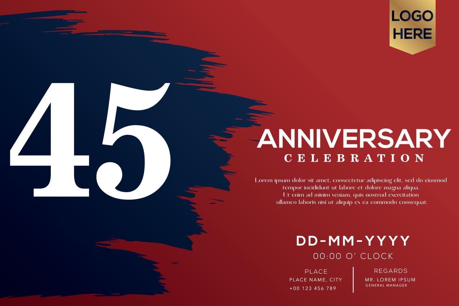 45 years anniversary celebration vector with blue brush isolated on red background with text template design