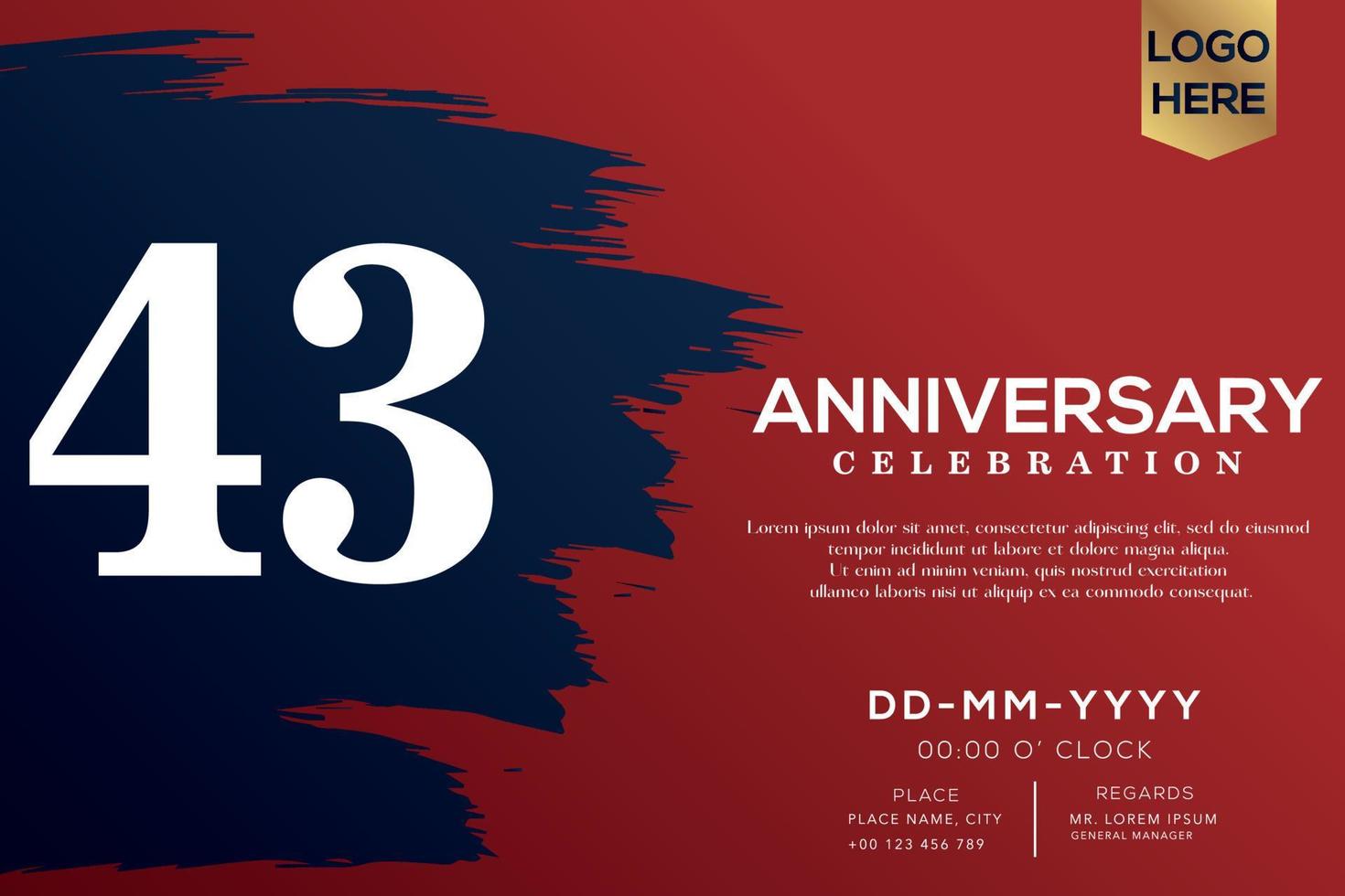 43 years anniversary celebration vector with blue brush isolated on red background with text template design