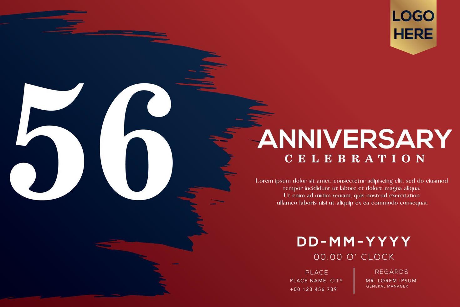 56 years anniversary celebration vector with blue brush isolated on red background with text template design