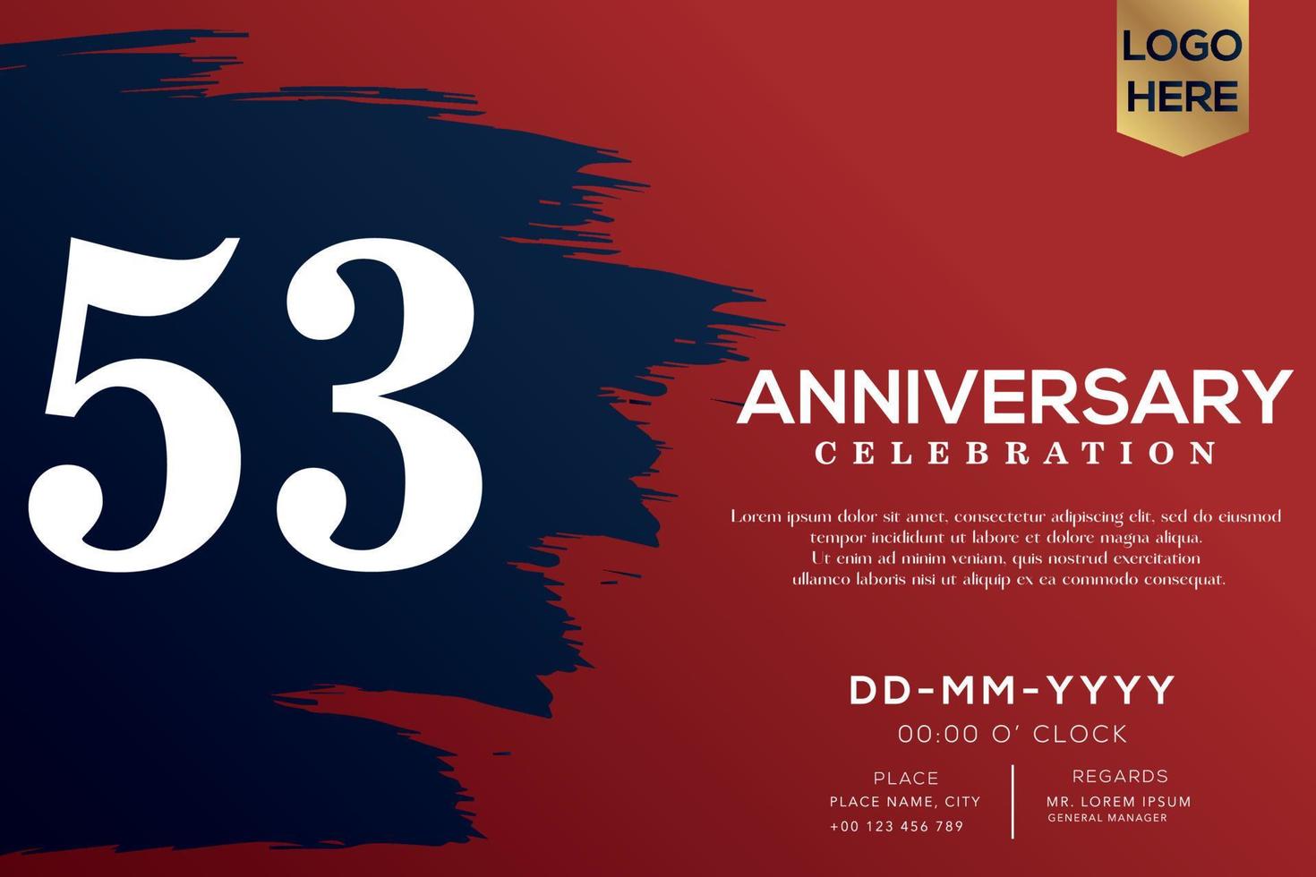 53 years anniversary celebration vector with blue brush isolated on red background with text template design