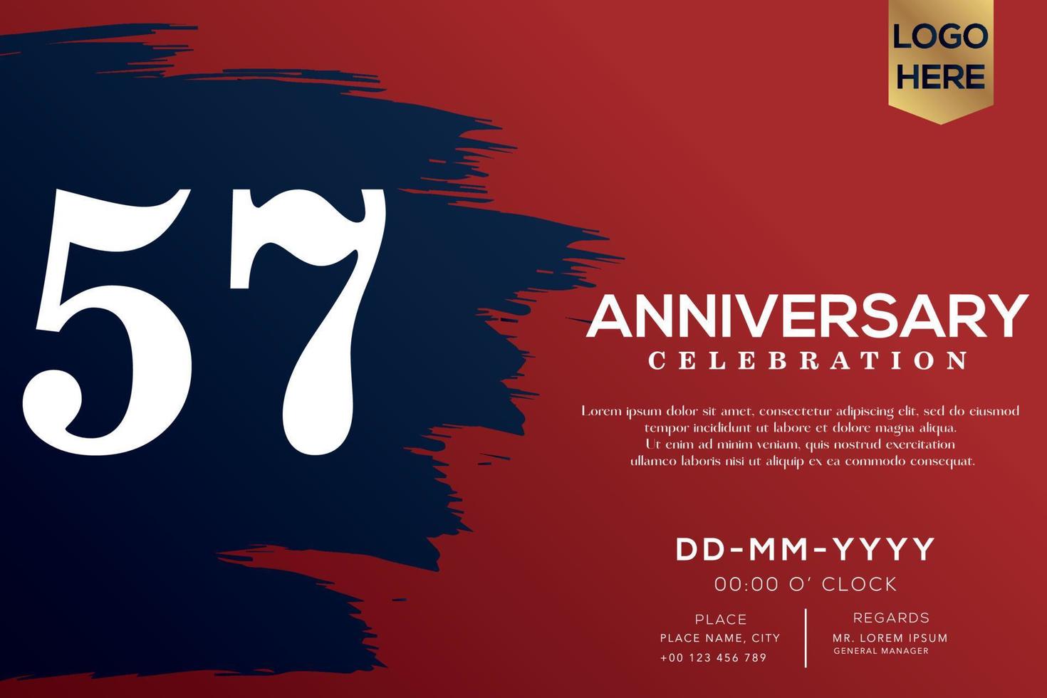 57 years anniversary celebration vector with blue brush isolated on red background with text template design