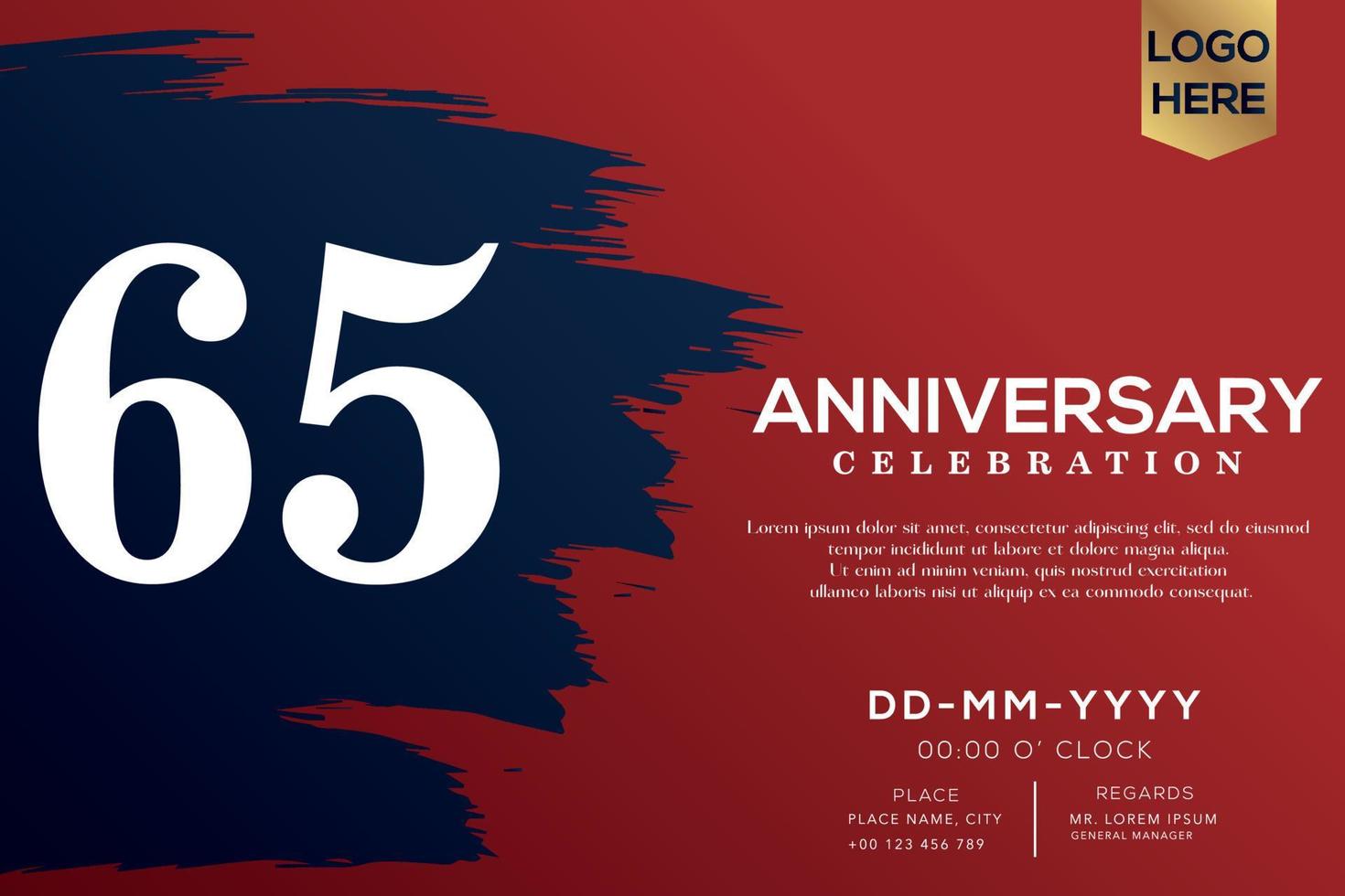 65 years anniversary celebration vector with blue brush isolated on red background with text template design