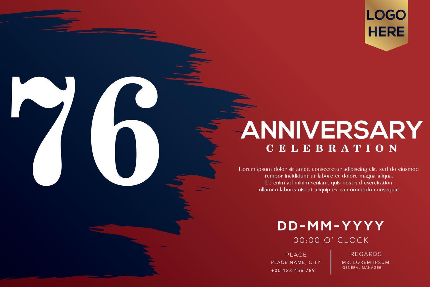76 years anniversary celebration vector with blue brush isolated on red background with text template design