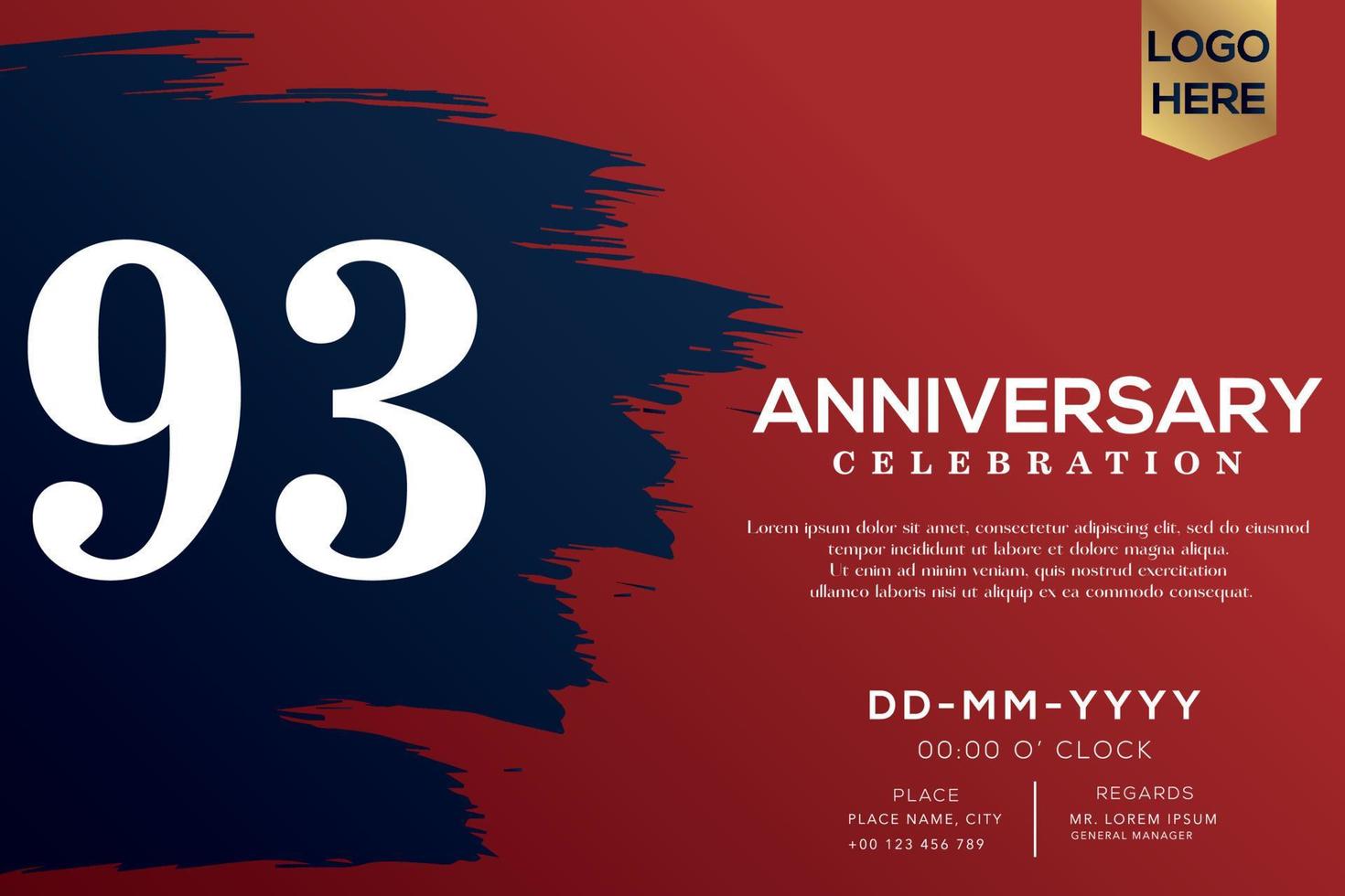 93 years anniversary celebration vector with blue brush isolated on red background with text template design