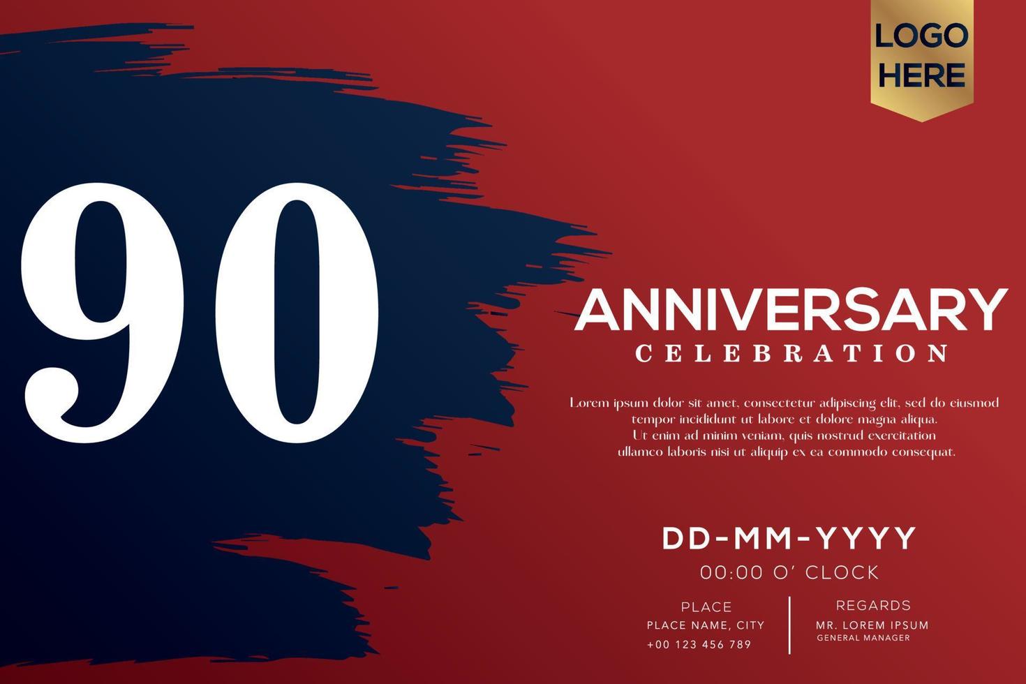 90 years anniversary celebration vector with blue brush isolated on red background with text template design