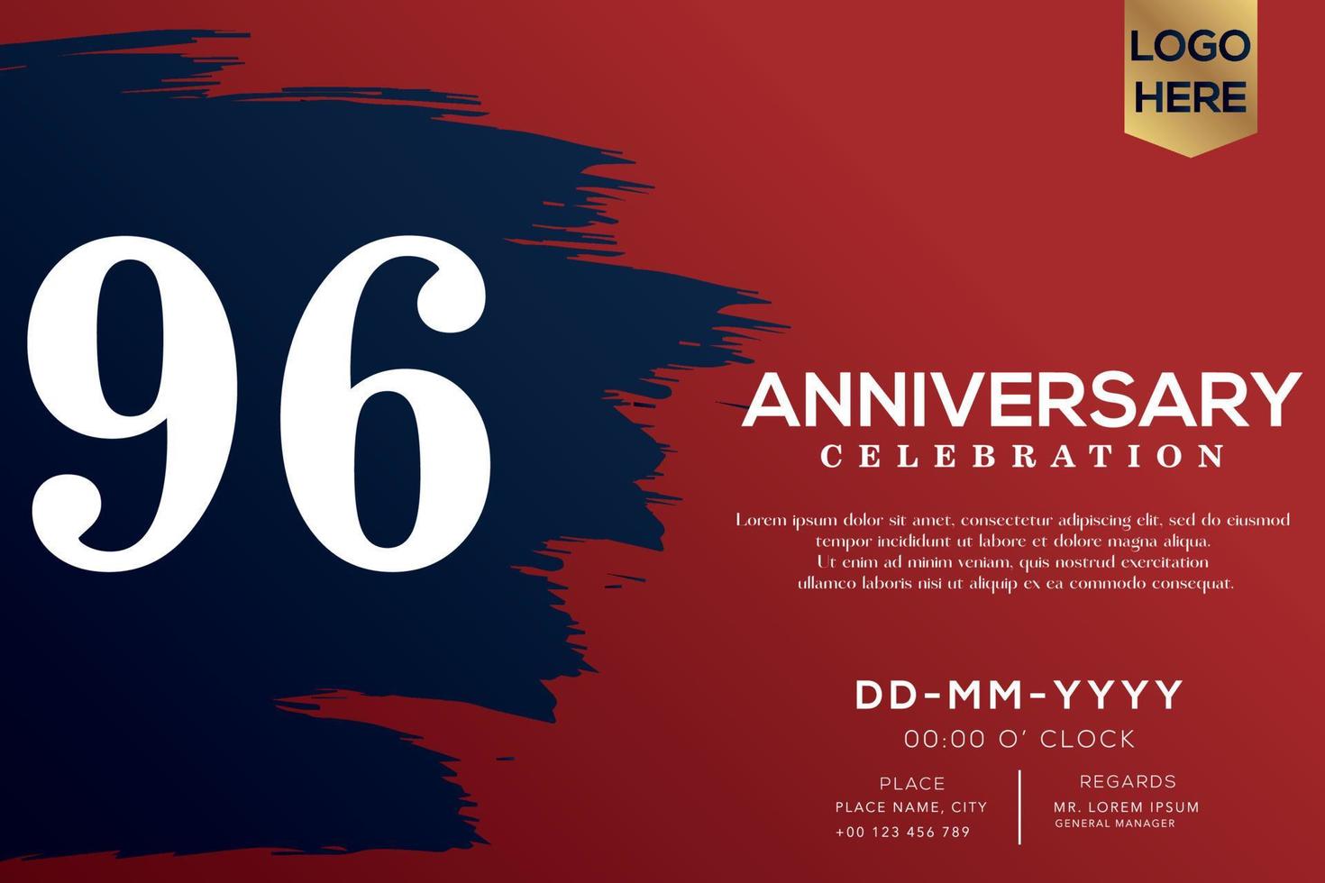 96 years anniversary celebration vector with blue brush isolated on red background with text template design