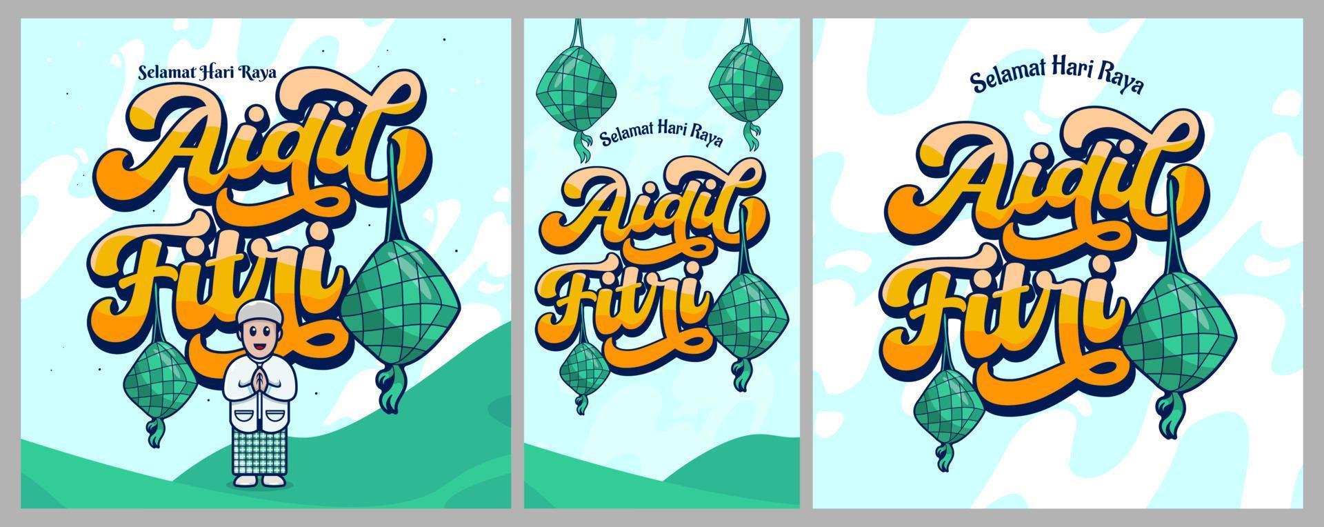 conjunto de saludo tarjetas para musulmán banquete de el santo mes de aidil Fitri vector