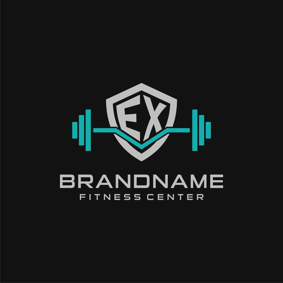 Creative letter EX logo design for gym or fitness with simple shield and barbell design style vector