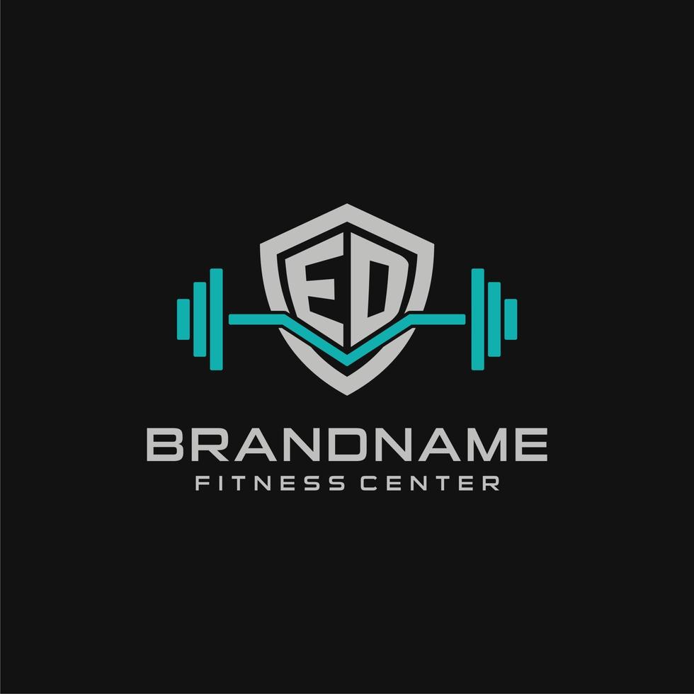 Creative letter ED logo design for gym or fitness with simple shield and barbell design style vector