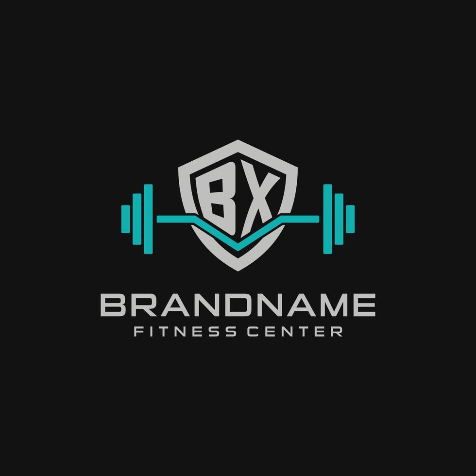 Creative letter BX logo design for gym or fitness with simple shield and barbell design style vector
