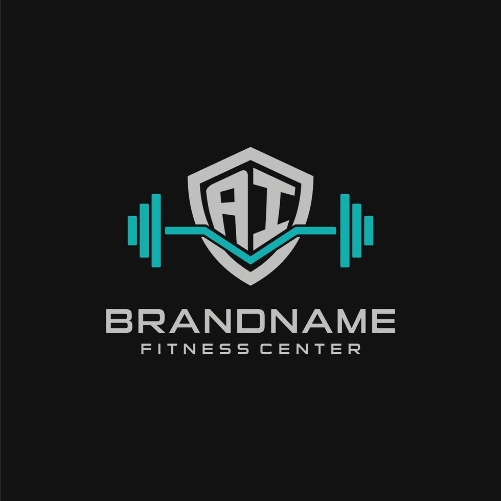 Creative letter AI logo design for gym or fitness with simple shield and barbell design style vector