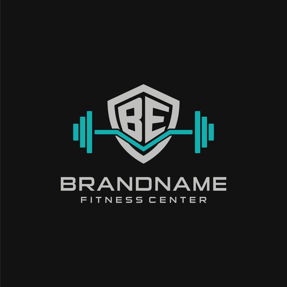 Creative letter BE logo design for gym or fitness with simple shield and barbell design style vector