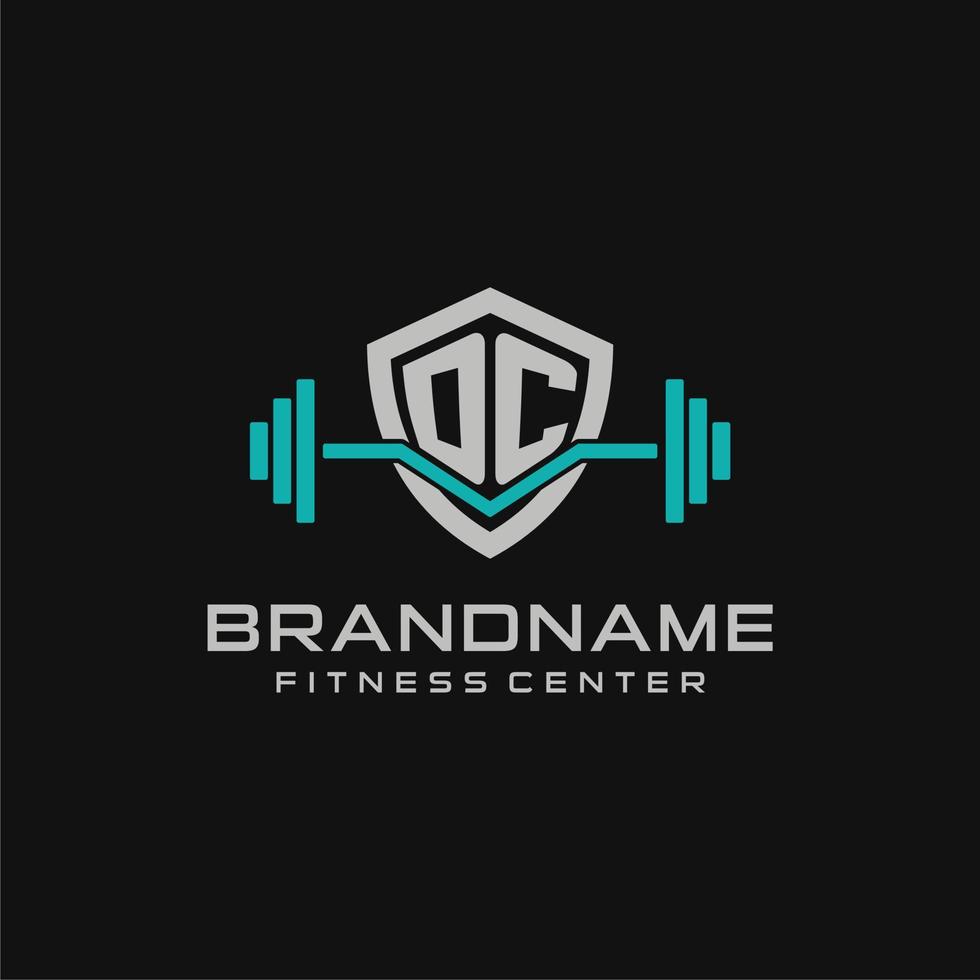 Creative letter DC logo design for gym or fitness with simple shield and barbell design style vector