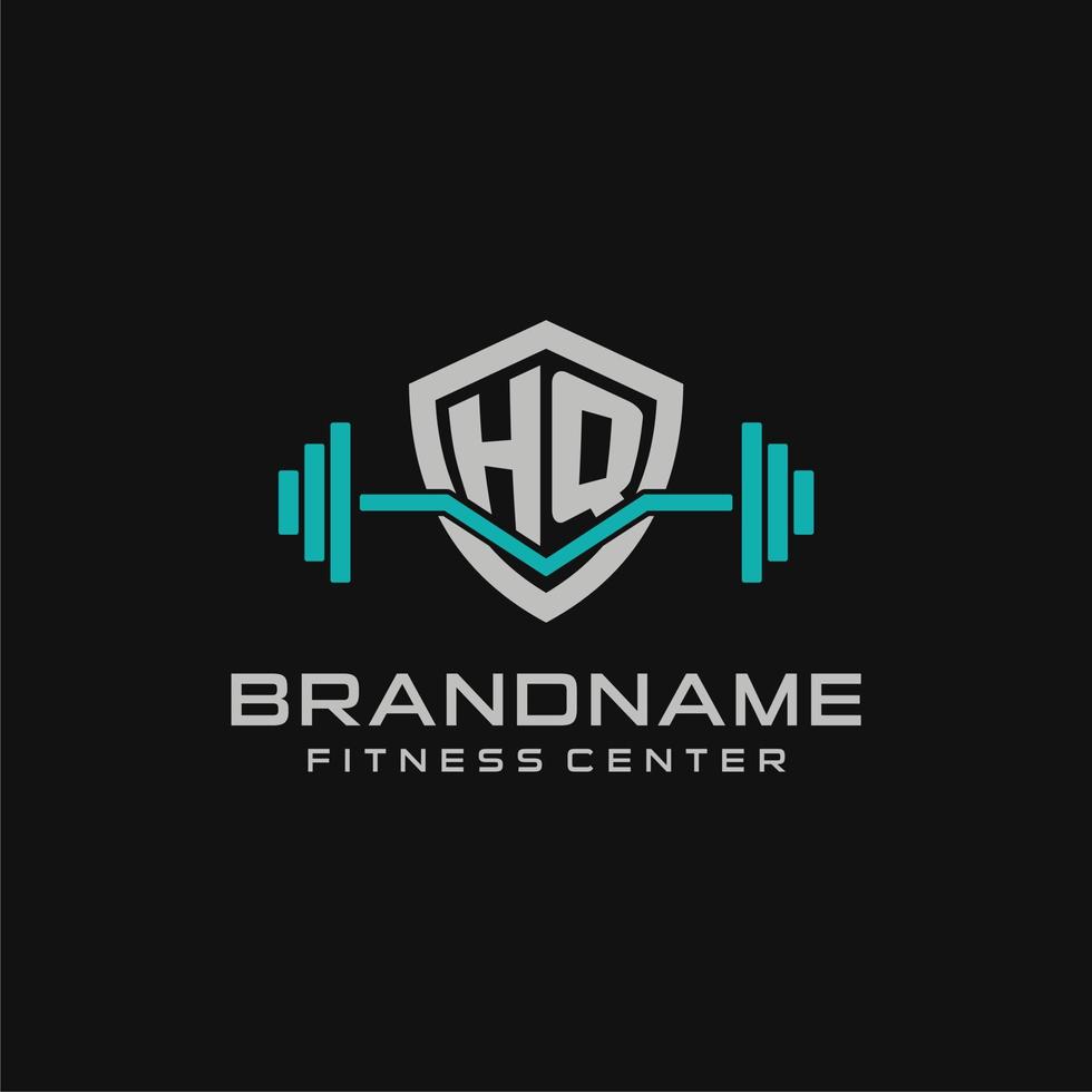 Creative letter HQ logo design for gym or fitness with simple shield and barbell design style vector