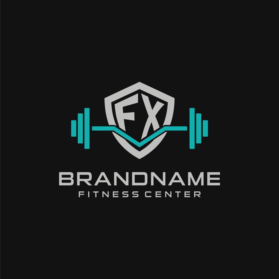 Creative letter FX logo design for gym or fitness with simple shield and barbell design style vector