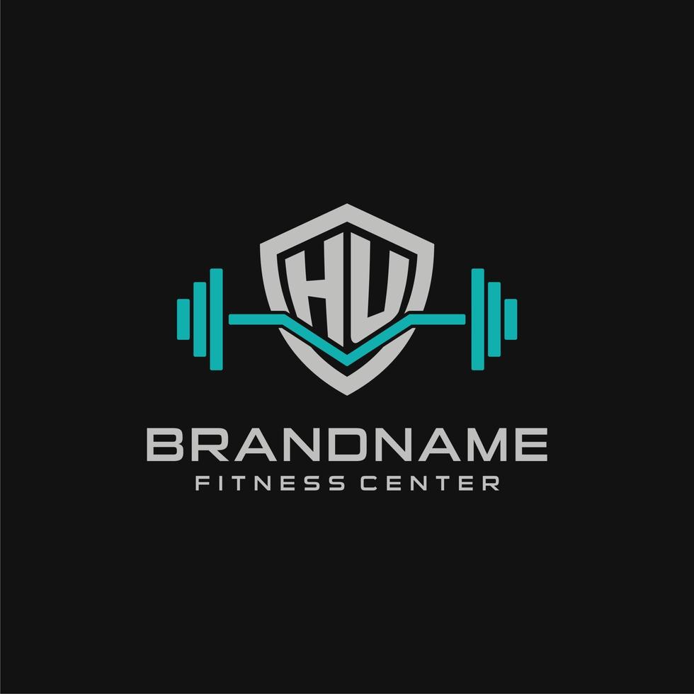 Creative letter HU logo design for gym or fitness with simple shield and barbell design style vector