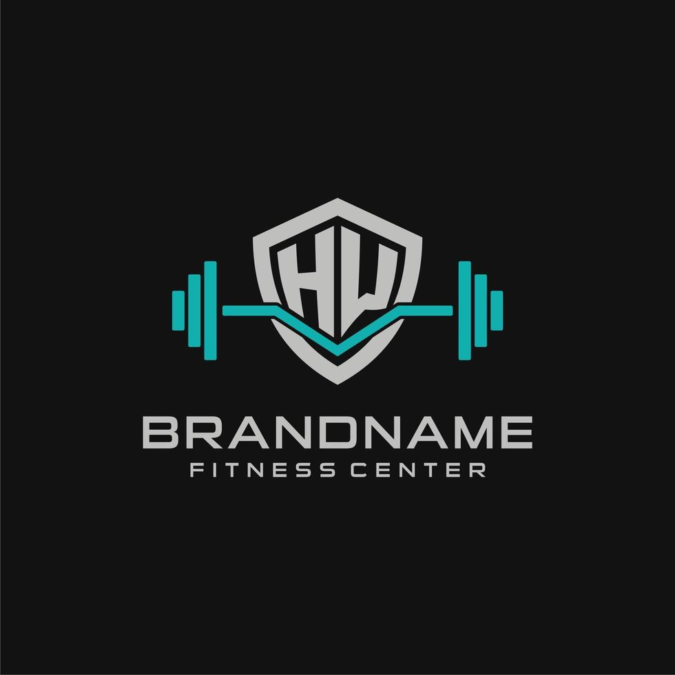 Creative letter HW logo design for gym or fitness with simple shield and barbell design style vector