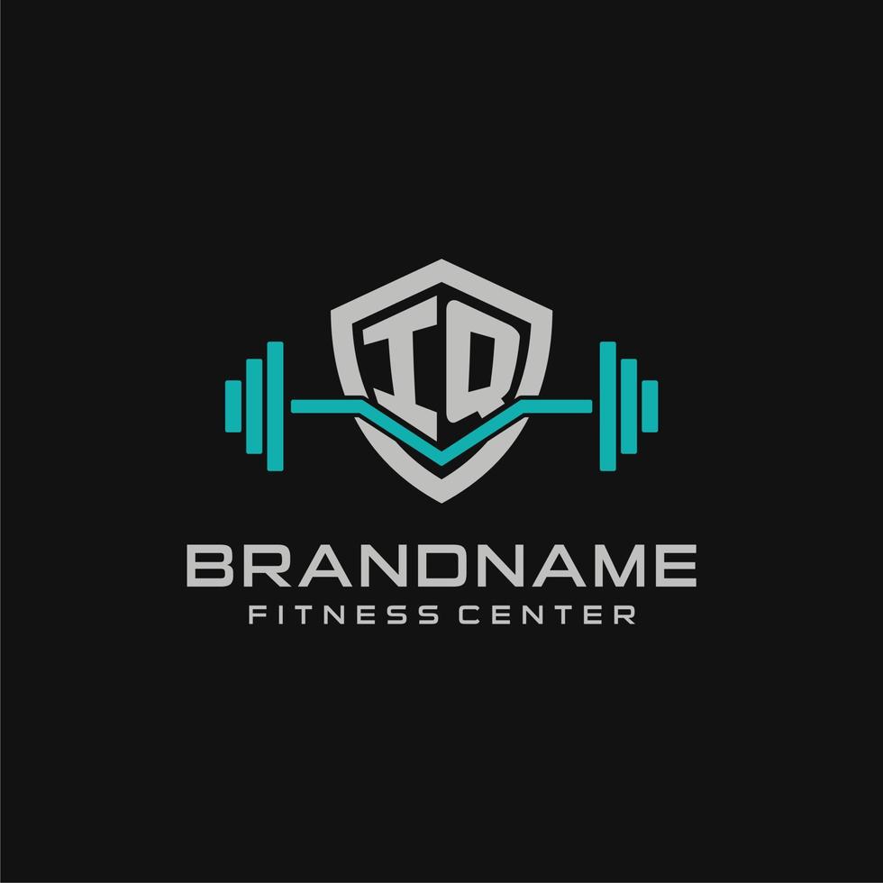 Creative letter IQ logo design for gym or fitness with simple shield and barbell design style vector