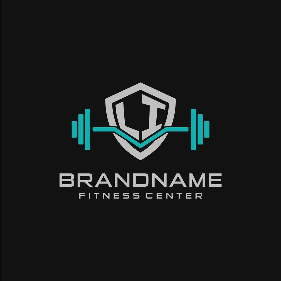 Creative letter LI logo design for gym or fitness with simple shield and barbell design style vector