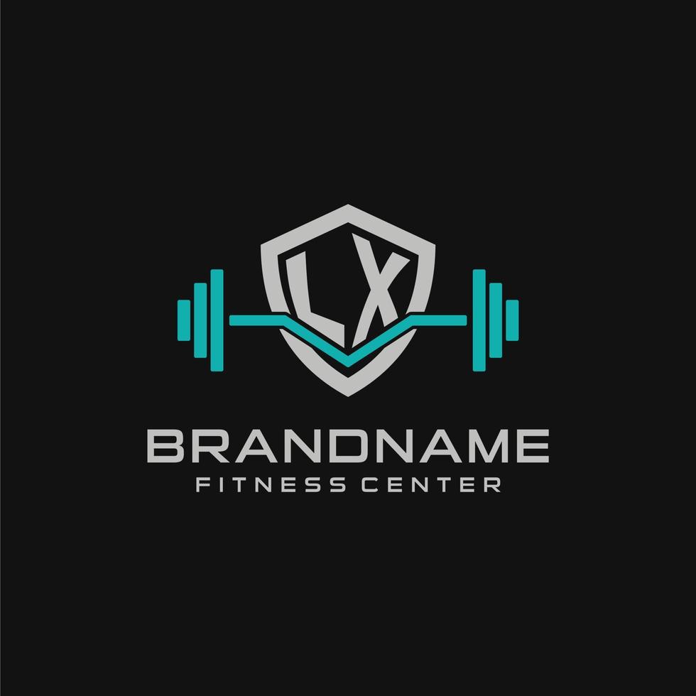 Creative letter LX logo design for gym or fitness with simple shield and barbell design style vector