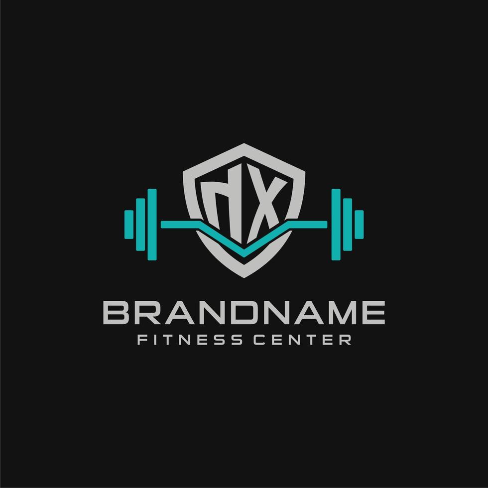 Creative letter NX logo design for gym or fitness with simple shield and barbell design style vector