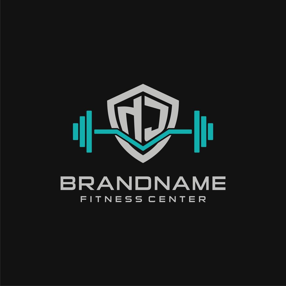 Creative letter NJ logo design for gym or fitness with simple shield and barbell design style vector