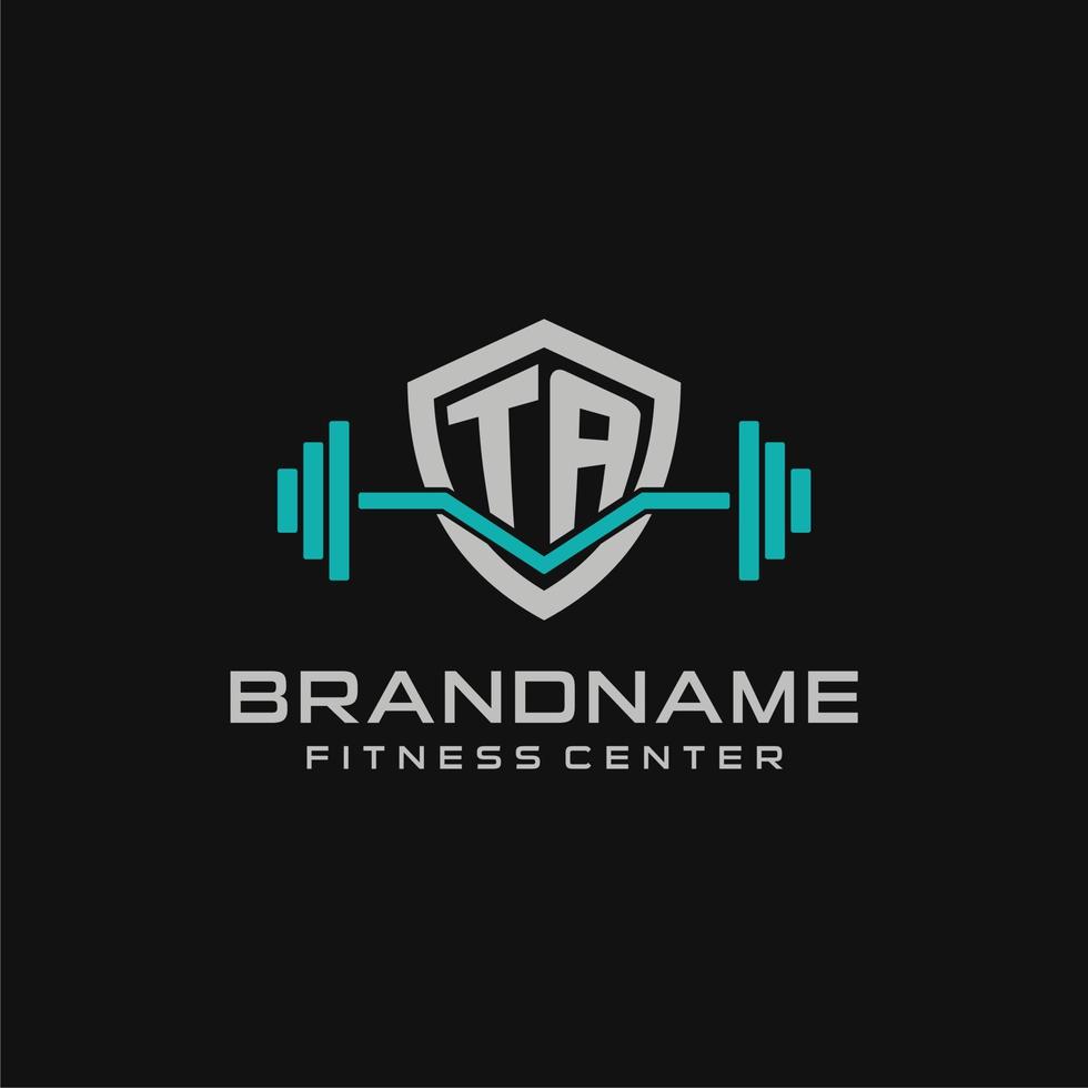 Creative letter TA logo design for gym or fitness with simple shield and barbell design style vector