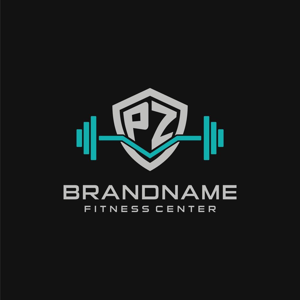 Creative letter PZ logo design for gym or fitness with simple shield and barbell design style vector