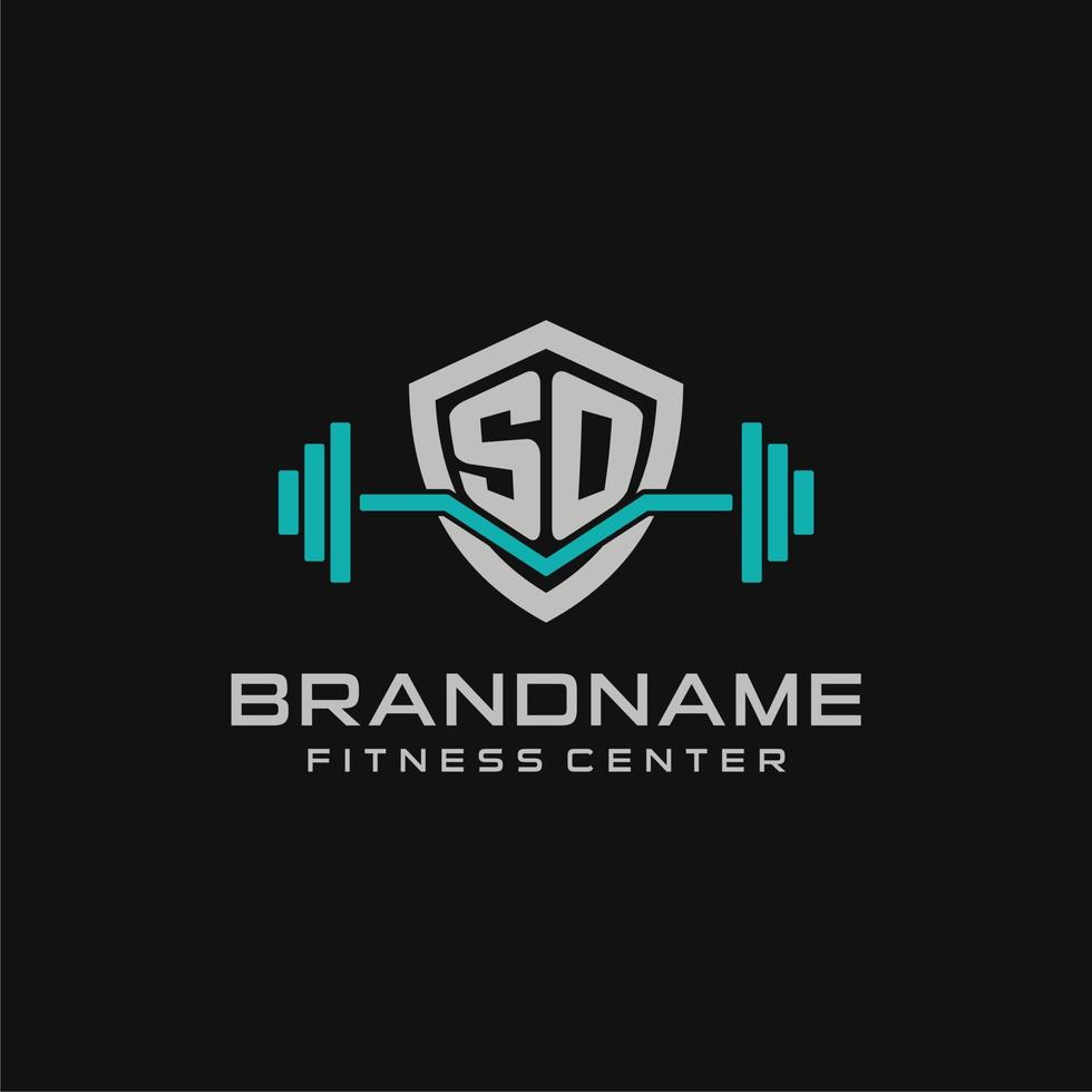 Creative letter SO logo design for gym or fitness with simple shield and barbell design style vector