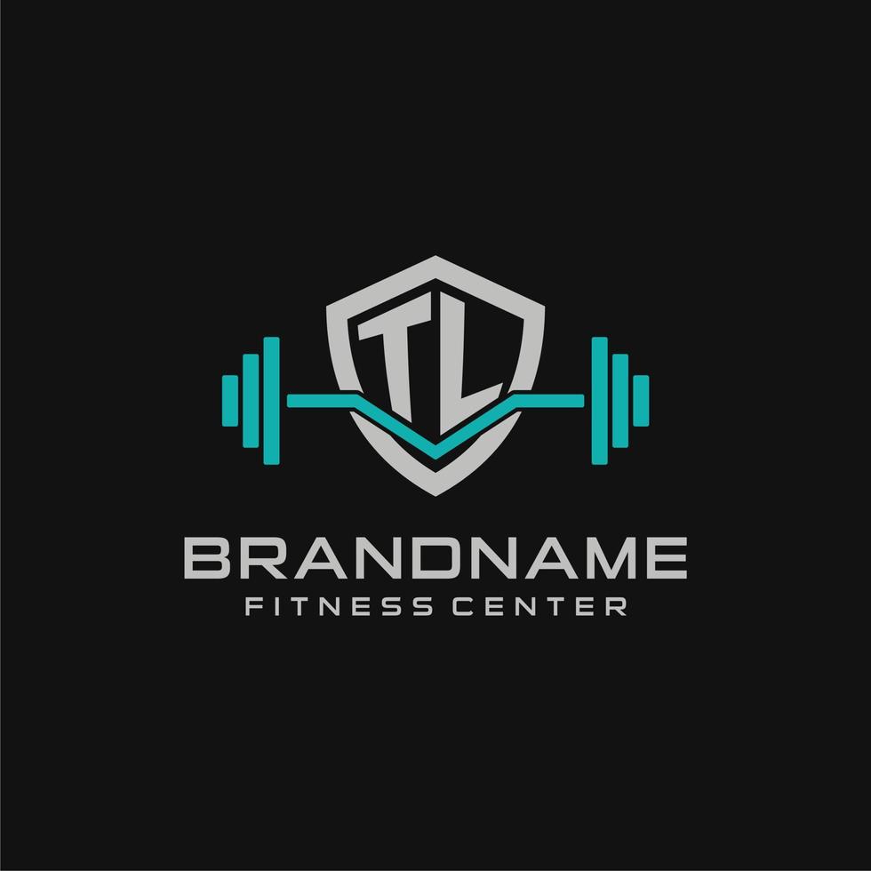 Creative letter TL logo design for gym or fitness with simple shield and barbell design style vector