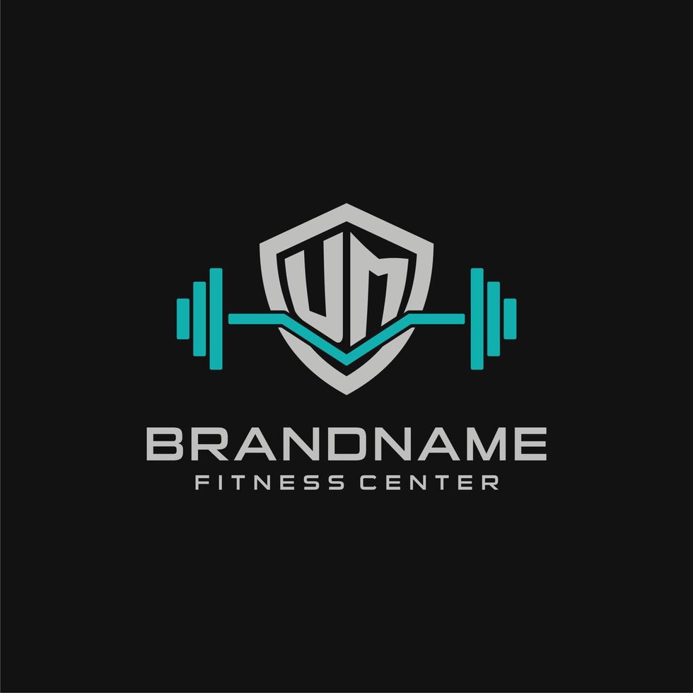 creativo letra um logo diseño para gimnasio o aptitud con sencillo proteger y barra con pesas diseño estilo vector