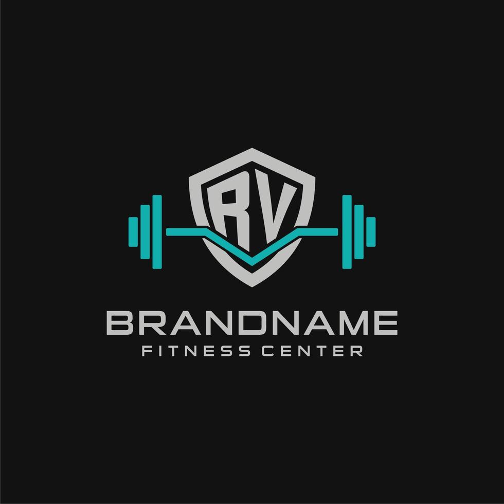 Creative letter RV logo design for gym or fitness with simple shield and barbell design style vector