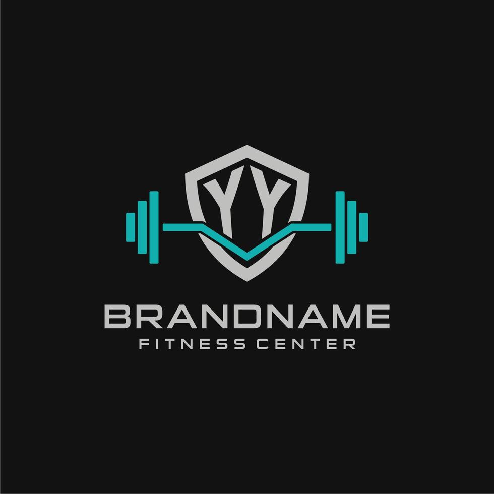 Creative letter YY logo design for gym or fitness with simple shield and barbell design style vector