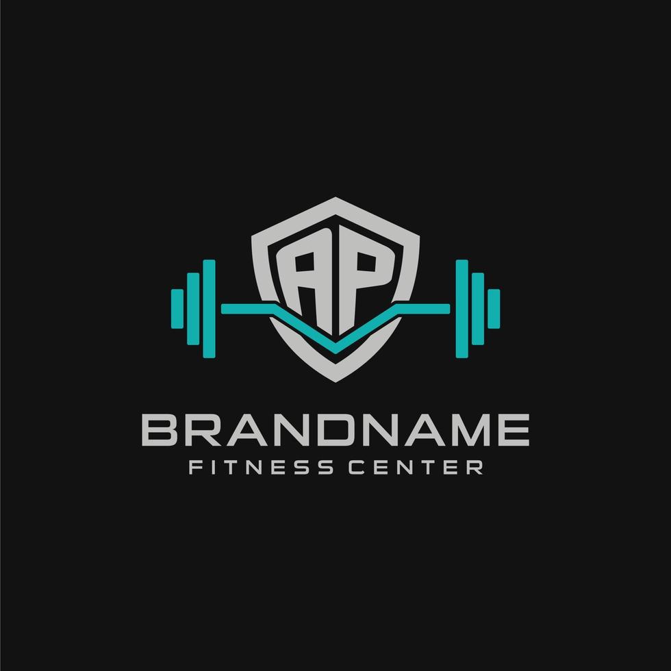 Creative letter AP logo design for gym or fitness with simple shield and barbell design style vector