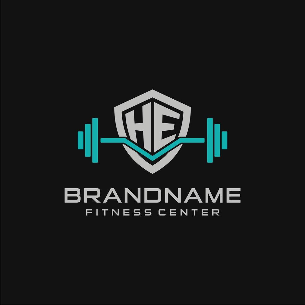 Creative letter HE logo design for gym or fitness with simple shield and barbell design style vector