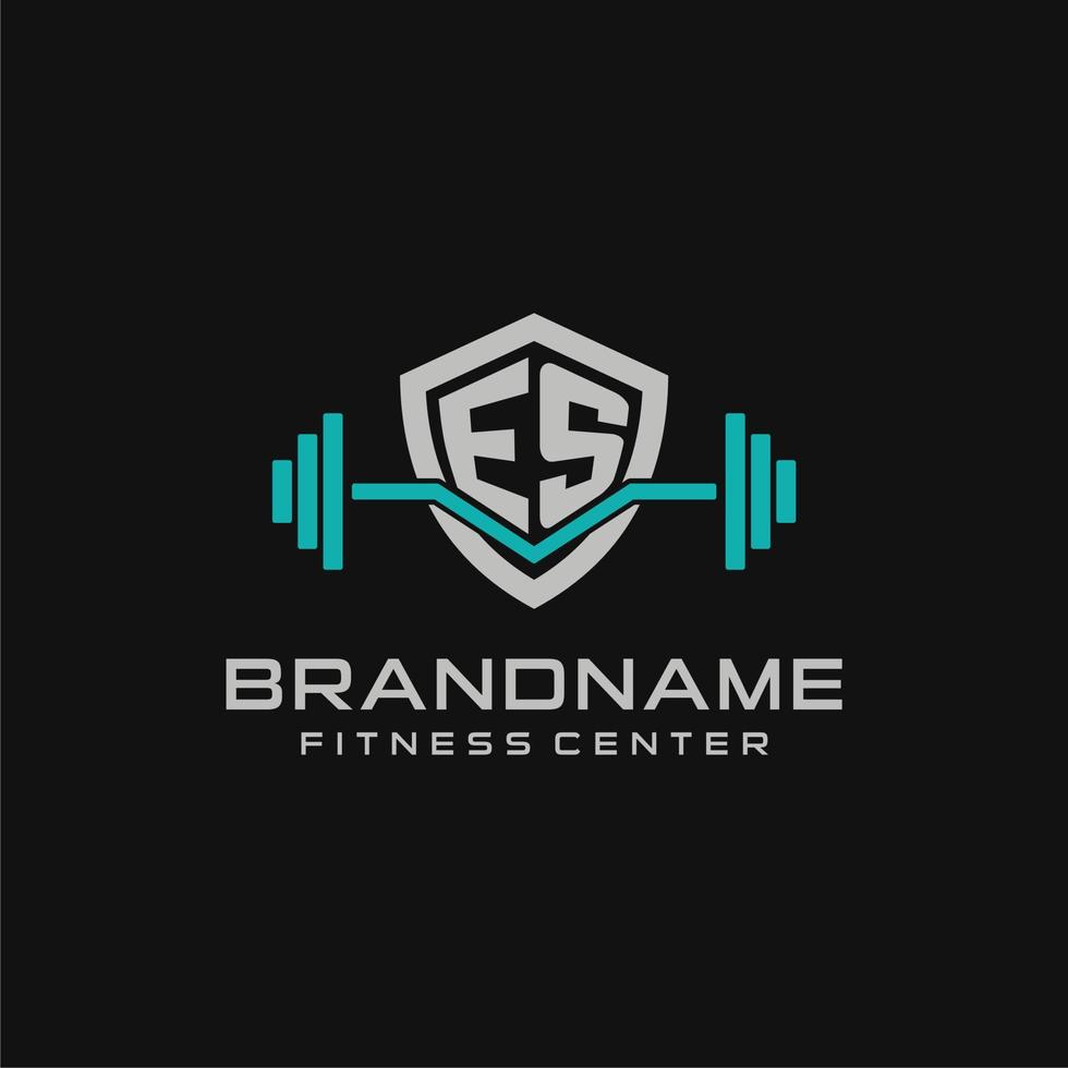 Creative letter ES logo design for gym or fitness with simple shield and barbell design style vector