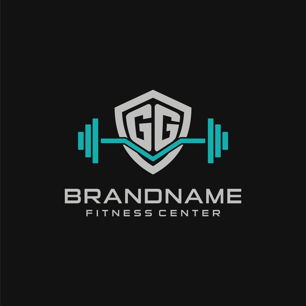 Creative letter GG logo design for gym or fitness with simple shield and barbell design style vector