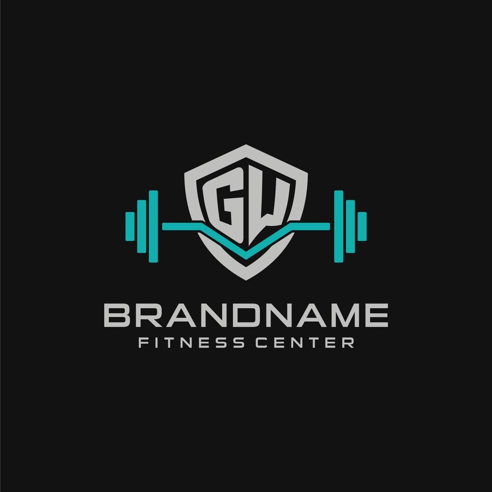 Creative letter GW logo design for gym or fitness with simple shield and barbell design style vector